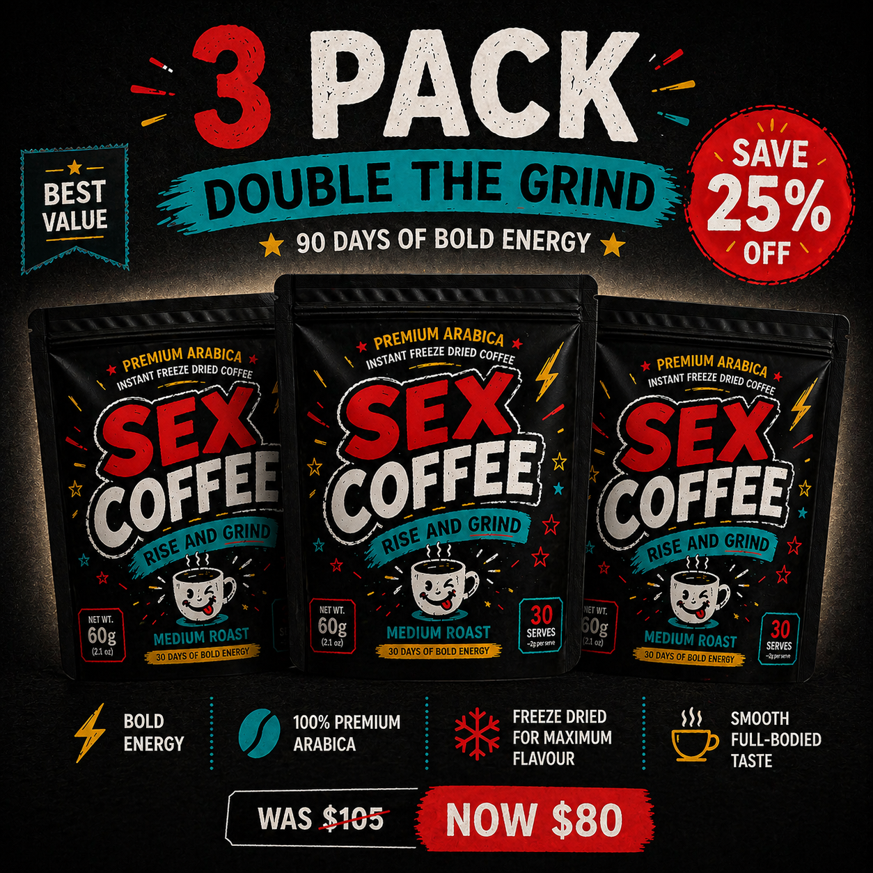 Sex Coffee 3 pack bundle premium instant Arabica coffee, medium roast freeze-dried coffee best value multi pack