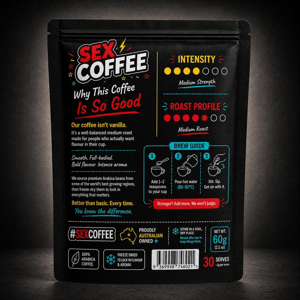 Sex Coffee instant Arabica coffee 60g pouch, medium roast freeze-dried coffee buy online Australia