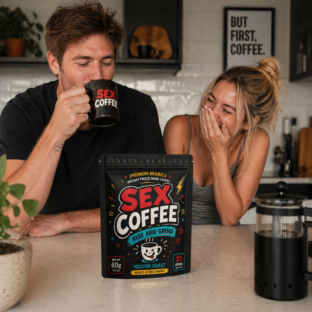 Couple laughing in kitchen while drinking Sex Coffee, premium instant Arabica coffee with bold flavour