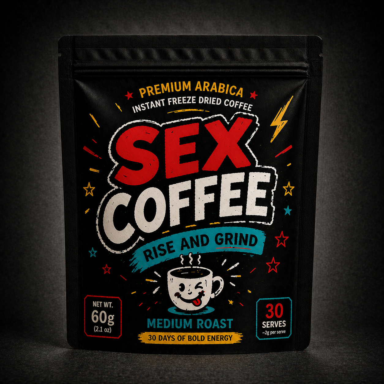 Sex Coffee premium instant Arabica coffee 60g pouch, medium roast freeze-dried coffee with bold flavour
